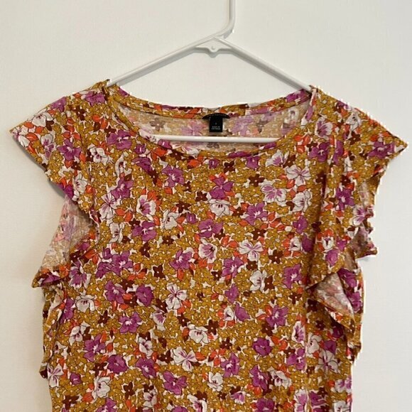 ANN TAYLOR Floral Linen Flutter Sleeve Tee White Mustard Pink Short Sleeve Top S - Picture 4 of 12